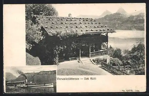 AK Vierwaldstättersee, Gasthaus das Rütli und Dampfschiff