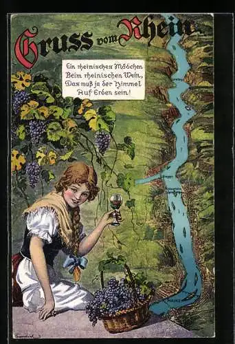 AK Bingen / Rhein, Umgebungskarte des Rheins und Mädchen beim Weintrinken