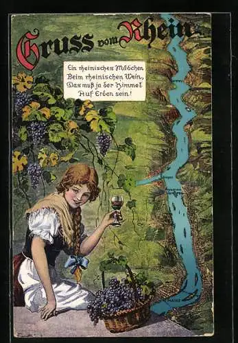 AK Bingen / Rhein, Umgebungskarte des Rheins und Mädchen beim Weintrinken