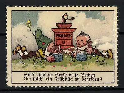 Künstler-Reklamemarke Fritz Reiss, Aecht Franck Kaffeezusatz, Zwerge mit Kaffeemühle auf Wiese