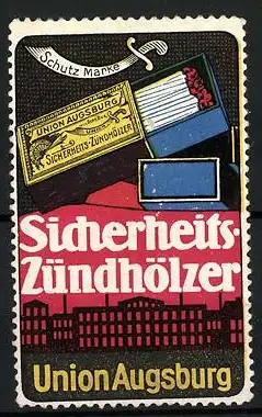 Reklamemarke Sicherheits-Zündhölzer, Union Augsburg, Streichholzschachtel, Fabrikansicht