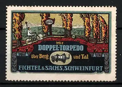 Reklamemarke Freilauf-Nabe Doppel-Torpedo, Fichtel & Sachs, Schweinfurt, Radfahrer