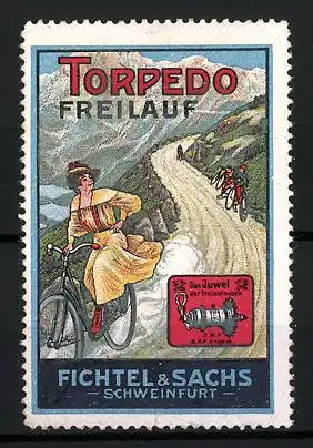 Reklamemarke Freilauf-Nabe Doppel-Torpedo, Fichtel & Sachs, Schweinfurt, Radfahrer