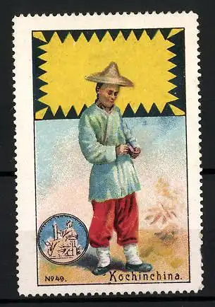 Reklamemarke Kochinchina, Landesflagge und Chinese in Tracht, Bild 49