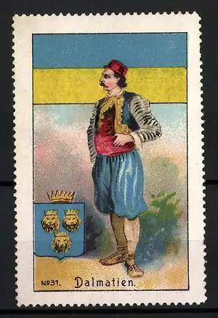 Reklamemarke Dalmatien, Landesflagge, Kroate in Tracht, Wappen, Bild 31