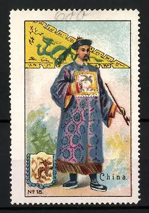 Reklamemarke China, Landesflagge, Chinese in Tracht, Wappen, Bild 18