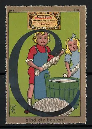 Künstler-Reklamemarke Johann Peter Werth, Bleichseife, Kinder am Waschfass, Buchstabe C
