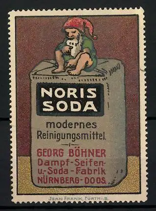 Reklamemarke Noris Soda - modernes Reinigungsmittel, Seifenfabrik Georg Böhner, Nürnberg, Zwerg sitzt auf einer Packung