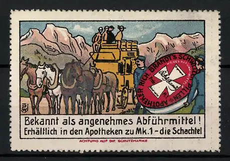 Künstler-Reklamemarke Johann Peter Werth, Rich. Brandt`s Schweizer Pastillen, Abführmittel, Dose und Pferdekutsche