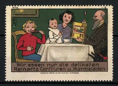 Künstler-Reklamemarke Johann Peter Werth, Reinartz Confituren und Marmeladen, Familie am Tisch, Bild 4