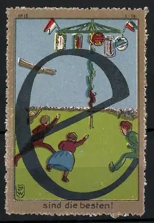 Künstler-Reklamemarke Johann Peter Werth, Kinder stürmen zu einem Maibaum, Buchstabe E, Bild 13