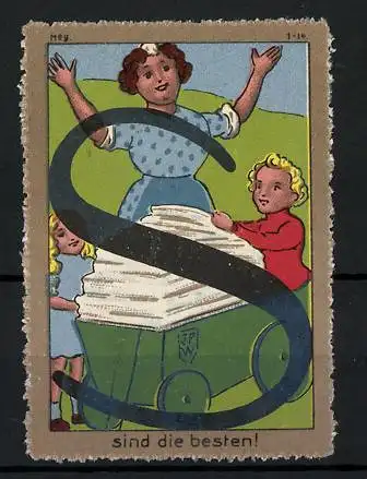 Künstler-Reklamemarke Johann Peter Werth, Waschfrau mit Kinderpaar und Wäschewagen, Buchstabe S, Bild 9