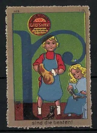 Künstler-Reklamemarke Johann Peter Werth, Glosine Schuhcreme, Kinderpaar poliert Schuhe, Buchstabe R