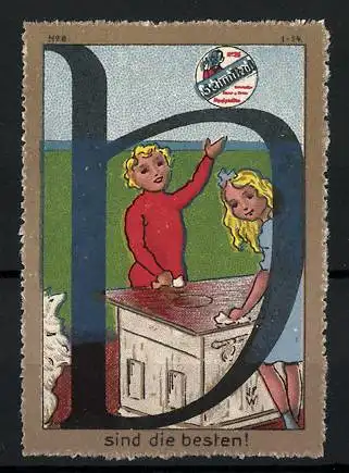 Künstler-Reklamemarke Johann Peter Werth, Schmitzol Möbelpolitur, Kinderpaar poliert einen Schrank, Buchstabe B, Bild 6