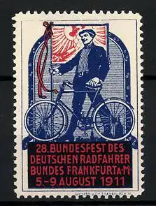 Reklamemarke Frankfurt a. M., 28. Bundesfest des Deutschen Radfahrerbundes 19133, Radfahrer mit Flagge
