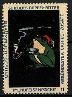 Reklamemarke Scheuer`s Doppel-Ritter im Hufeisenpäckl, Frosch mit Pfreife und Kaffeetasse, Bild 11