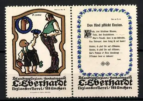 Künstler-Reklamemarke Paul Neu, Enzianbrennerei L. Eberhardt, München, Bild und Vers 8