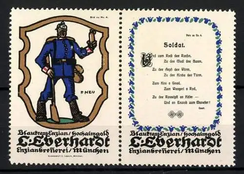 Künstler-Reklamemarke Paul Neu, Enzianbrennerei L. Eberhardt, München, Bild und Vers 4, Soldat