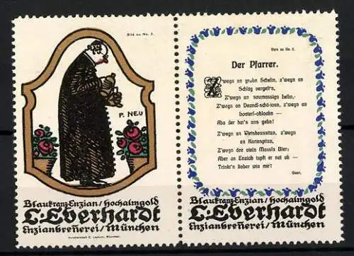 Künstler-Reklamemarke Paul Neu, Enzianbrennerei L. Eberhardt, München, Bild und Vers 2