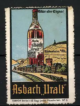 Reklamemarke Asbach Uralt, echter alter Cognac, Stadtansicht Rüdesheim a. Rh. mit grosser Flasche