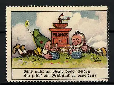 Künstler-Reklamemarke Fritz Reiss, Aecht Franck Kaffeezusatz, Zwerge mit Kaffeemühle auf Wiese liegend