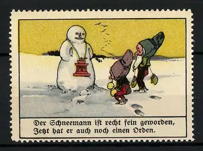 Reklamemarke Fritz Reiss, Aecht Franck Kaffeezusatz, Zwerge mit Schneemann