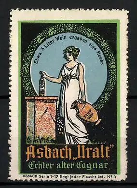 Reklamemarke Asbach Uralt, Echter alter Cognac, antike Szene: Frau mit Weinkrug und Cognacflasche
