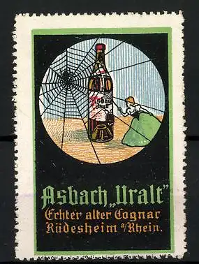 Reklamemarke Asbach Uralt, echter alter Cognac, Rüdesheim a. Rh., Flasche, Frau und Spinnennetz