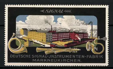 Reklamemarke Markneukirchen, Deutsche Signal-Instrumenten-Fabrik, Fabrikansicht, Horn und Hupen