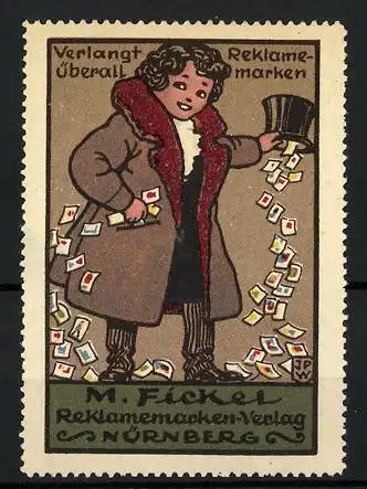 Künstler-Reklamemarke Johann Peter Werth, Reklamemarken-Verlag M. Fickel, Nürnberg, Mann lässt Marken aus Hut fallen