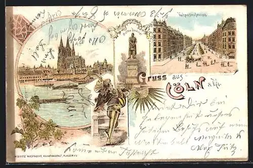 Lithographie Cöln, Hohenstaufenring, Dom, Moltke-Denkmal