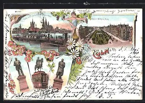 Lithographie Köln, Schiffbrücke, Kaiser-Wilhelm-Ring, Friedrich-Wilhelm Monument, Bismarck-Denkmal, Moltke-Denkmal