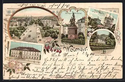 Lithographie Weimar / Thür., Krieger-Denkmal, Theater, Fürstengruft und Griech. Kapelle