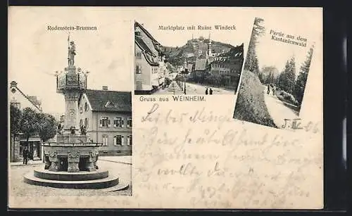 AK Weinheim / Bergstrasse, Rodenstein-Brunnen, Marktplatz mit Ruine Windeck, Kastanienwald