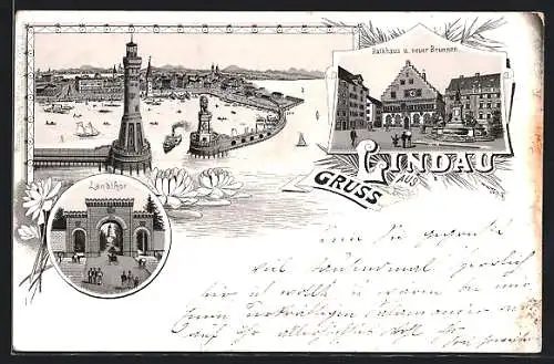 Lithographie Lindau / Bodensee, Hafeneinfahrt mit Leuchtturm, Rathaus und neuer Brunnen, Landtor