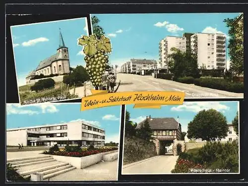 AK Hochheim /Main, Kirche St. Peter und Paul, Gesamtschule, Küsterhaus und Maintor