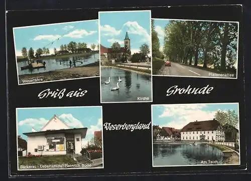 AK Grohnde /Weserbergland, Weserfähre, Kirche, Platanenallee, Teich, Bäckerei-Lebensmittelladen Heinr. Bode