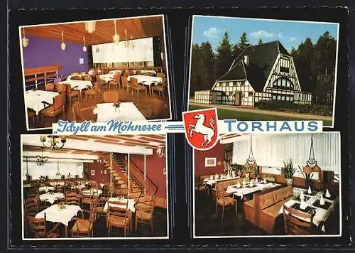 AK Körbecke, Cafe Restaurant Torhaus, Aussen- u. Innenansichten, Bes. W. Mennen, Wappen