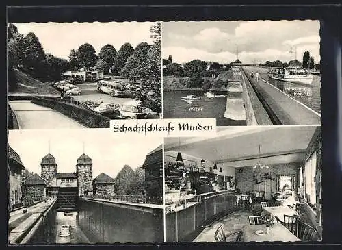 AK Minden / Weser, Cafe an der Schachtschleuse, Innenansicht, Weser und Mittellandkanal