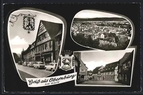 AK Obernburg / Main, Strassenpartie mit Gasthäusern, Teilansicht, Wappen