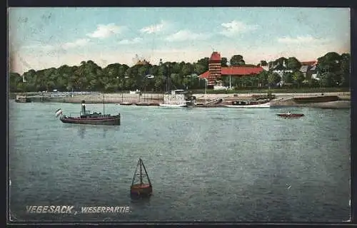 AK Vegesack, Weserpartie mit Turm-Panorama