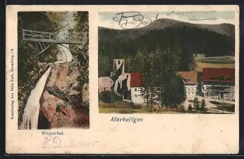 AK Allerheiligen, Wasserfall mit Brücke, Ortsansicht