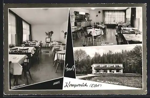 AK Kempenich /Eifel, Hotel Eifelkrone, Innenansichten Speiseraum und Gastraum