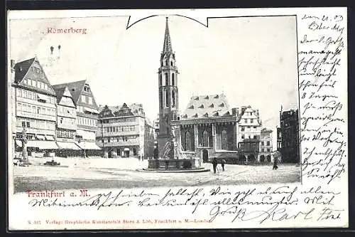 AK Alt-Frankfurt, Römerberg mit Geschäften und Kirche