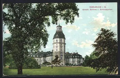 AK Karlsruhe i. B., Grossherzogliches Schloss vom Schlossgarten aus