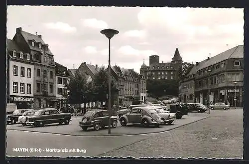 AK Mayen /Eifel, Marktplatz mit Geschäften und Burg