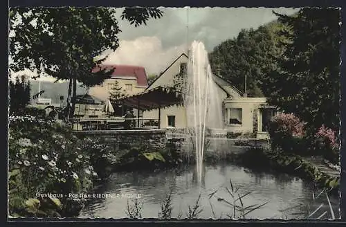 AK Weibern /Eifel, Hotel Riedener Mühle H. Konrad mit Fontäne