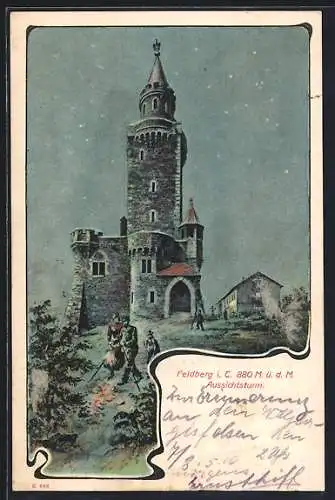 Künstler-AK Feldberg i. T., Aussichtsturm bei Nacht