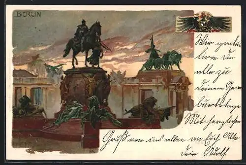 Künstler-AK Heinrich Kley: AK Berlin-Tiergarten, Denkmal und Brandenburger Tor