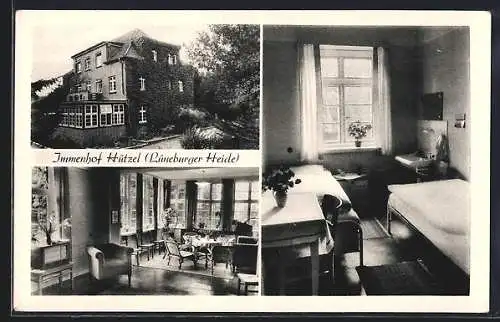 AK Hützel /Lüneburger Heide, Hotel Immenhof, Innenansichten Schlafraum und Gastraum